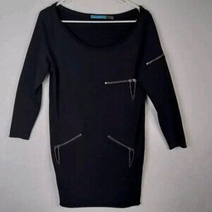 Alice + Olivia Boat Neck Solid Black Zipper Detail Mini Dress